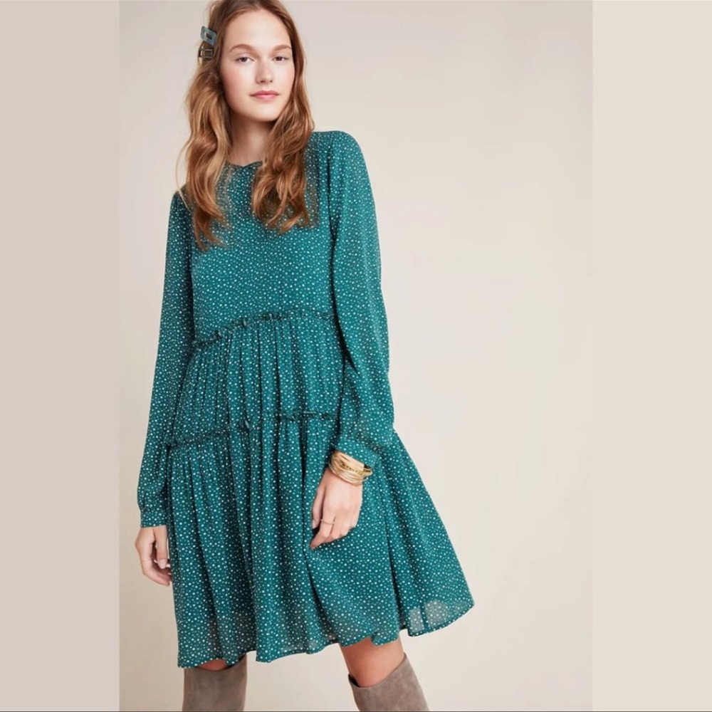 Maeve Anthropologie Esther Dress Tiered Green Polka Dot Size L